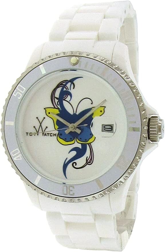 ToyWatch Blue Butterfly Tattoo White Plasteramic TF01WH Date, Diver MSRP $195