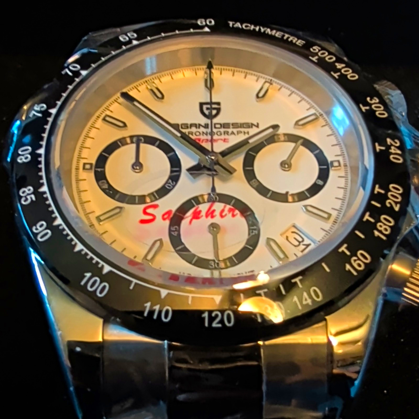 Pagani Design Chronograph Quartz White Dial Black Tachymeter Steel 40mm 100m