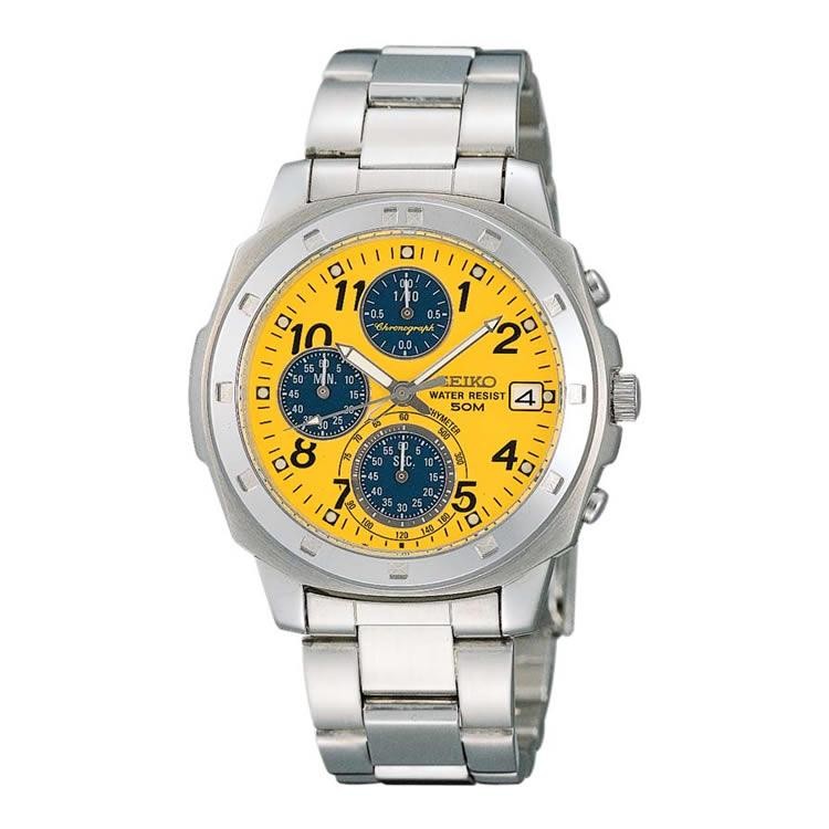 Seiko Chronograph SND409P1 Yellow Dial Quartz Watch Silver Steel Band 40mm