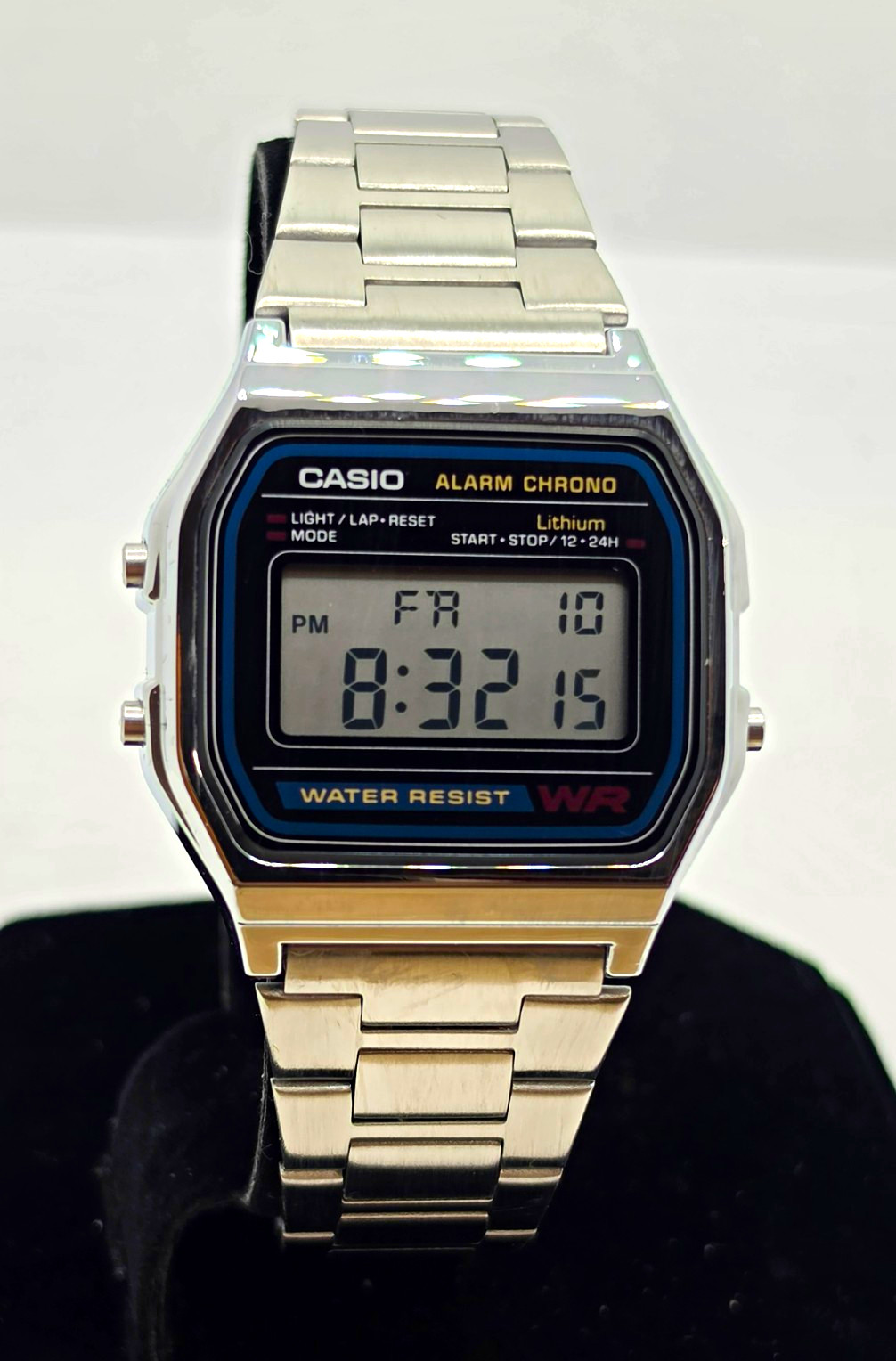 Casio A158W Digital Quartz Alarm Chronograph Silver SS Bracelet 35.4mm