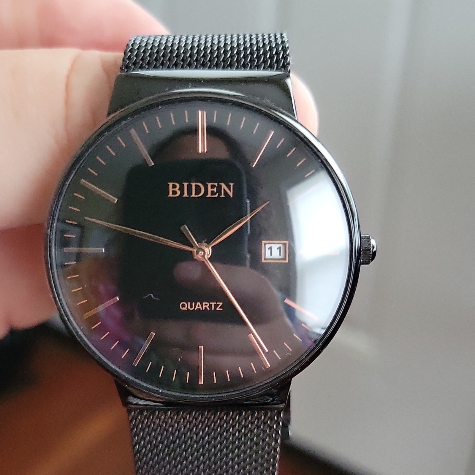 BIDEN Quartz Analog Watch Black Dial Date Black Stainless Case Black Mesh Band