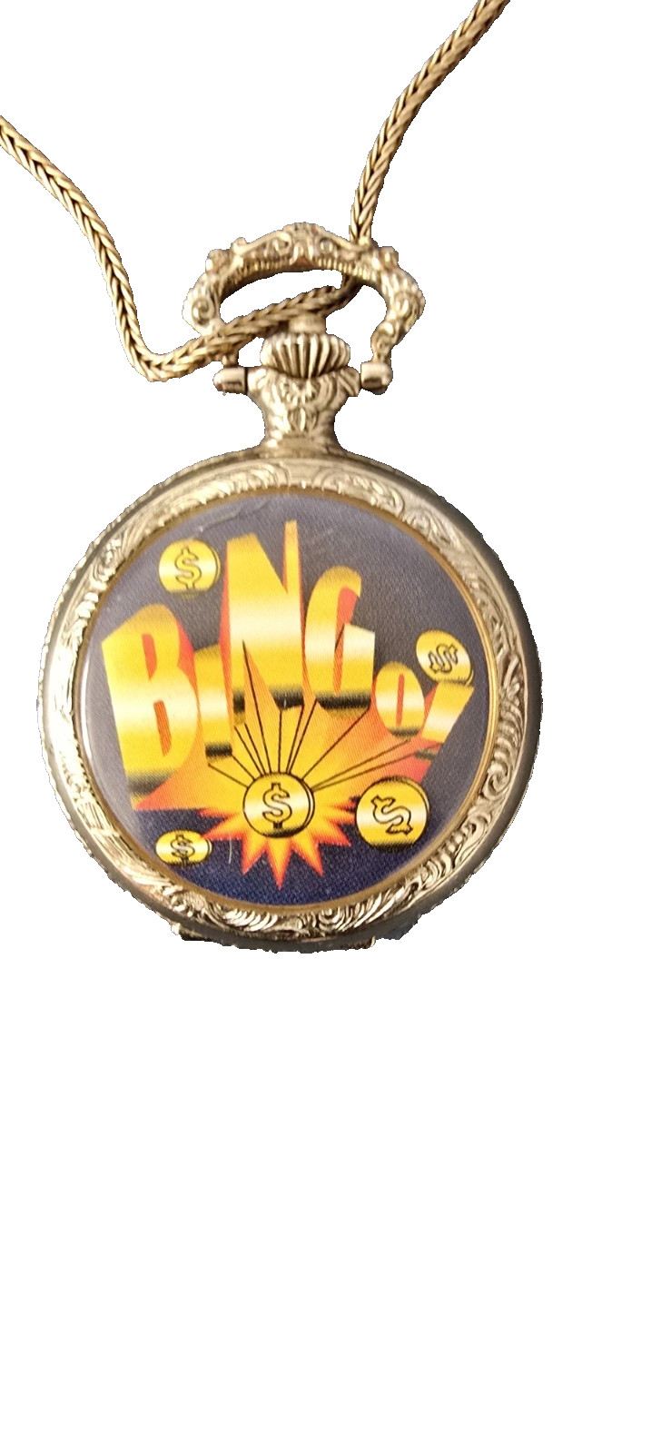 Bingo Pocket Watch Japan Movt Quartz Working 28″ Chain Novelty Gambling VTG