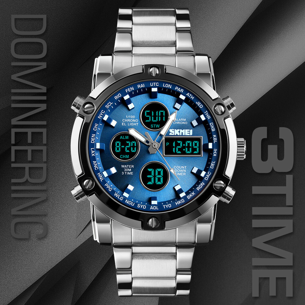 SKMEI Men Quartz Watch LED Digital Wristwatch Casual Male Steel Alarm Watches