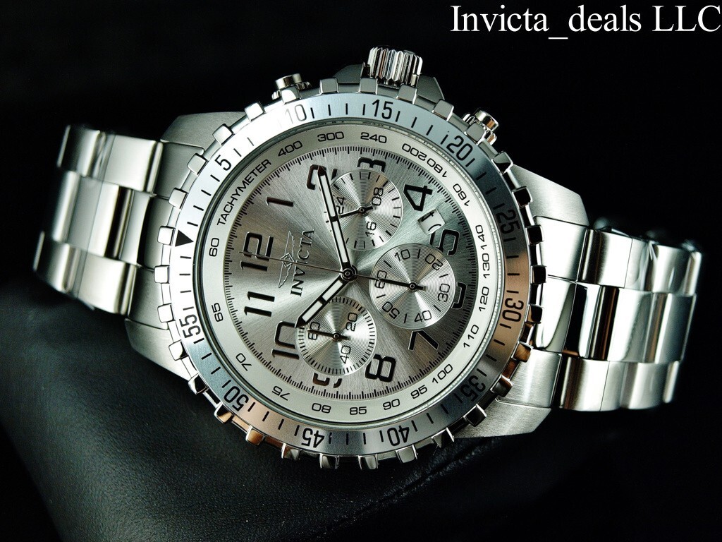 Invicta Men’s 45mm Specialty PILOT Chronograph SILVER DIAL Silver Tone SS Watch