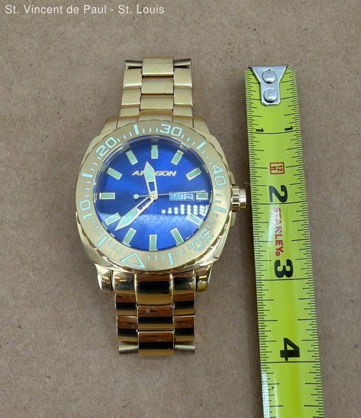 Aragon Men’s Dive Watch 200M 660ft NH36A Blue Dial Gold Tone 24 Jewels Works!