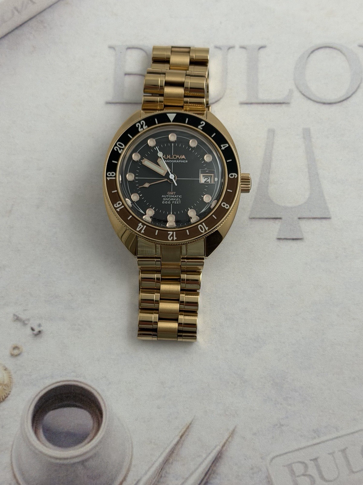 Bulova Oceanographer Automatic GMT Diver 200m “Rootbeer” Watch 97B215 41mm