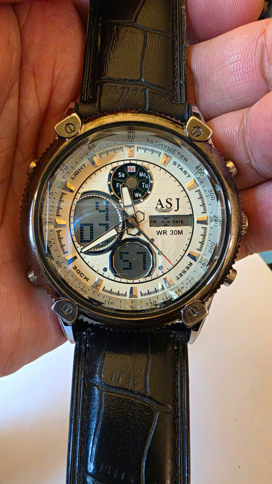 ASJ Men’s Analog-Digital Quartz Watch 44mm Black Leather Strap WR30M Alarm