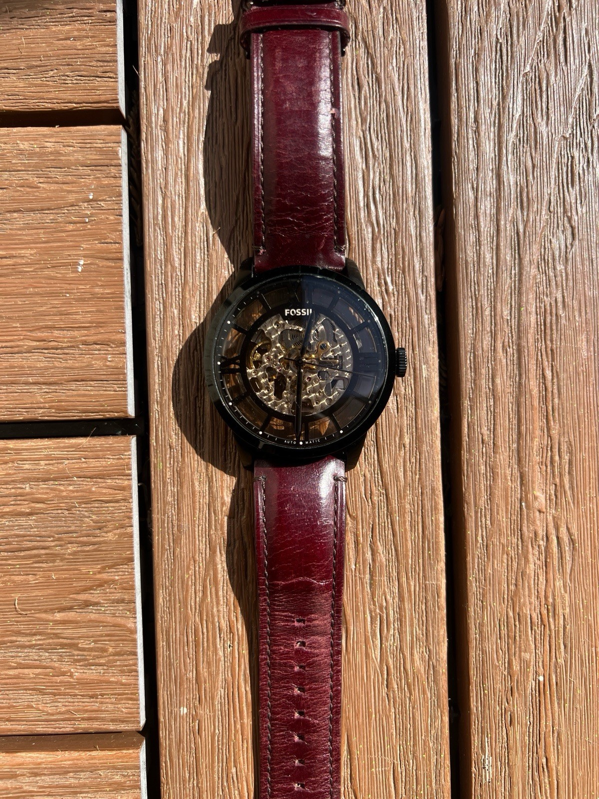 ME-3098 Fossil Men’s Automatic Self-Winding Skeleton Black Case Leather Watch