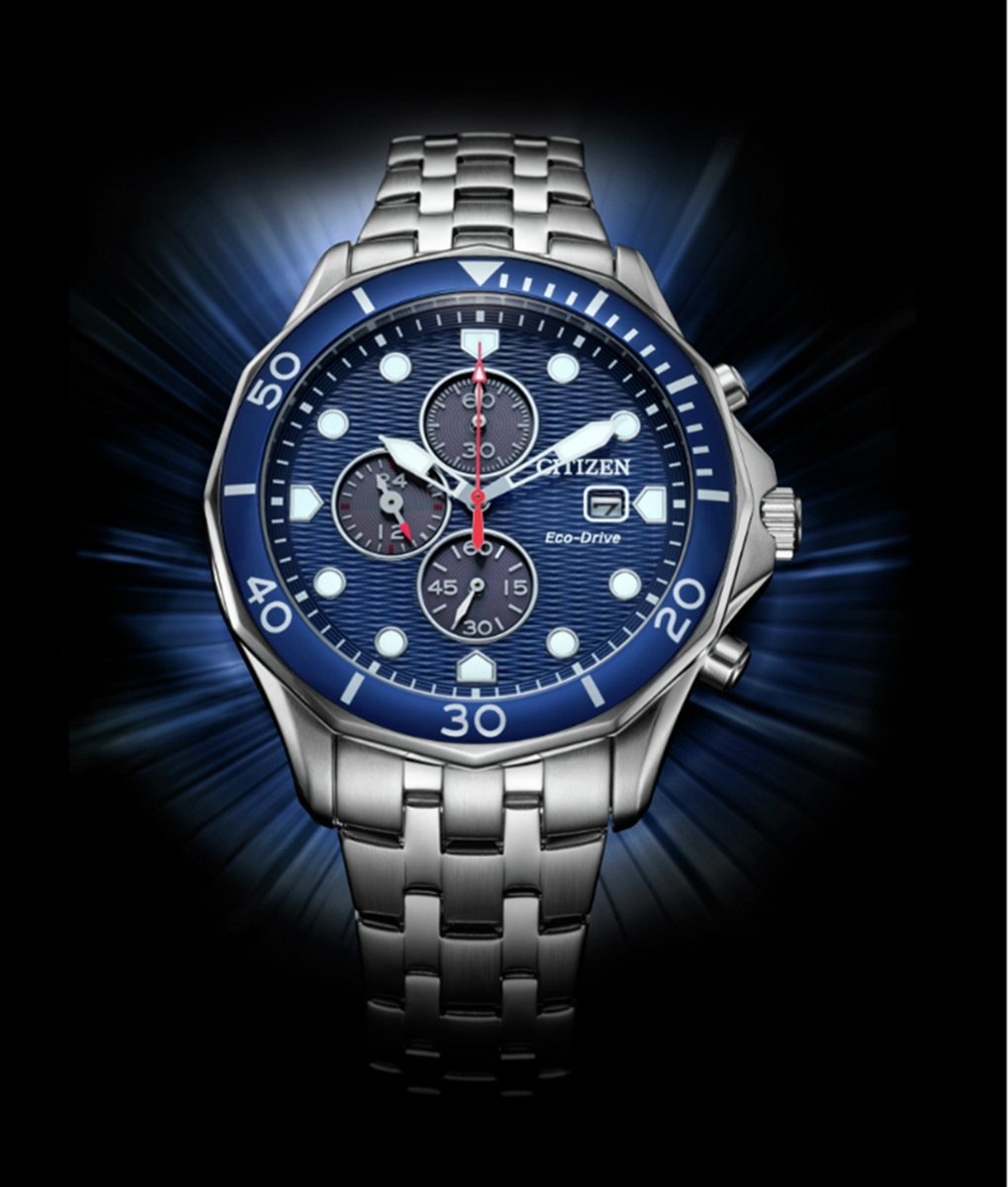CITIZEN ECO-DRIVE CA0540-56L MENS SILVER CHRONOGRAPH ANALOGUE BLUE DIAL WATCH