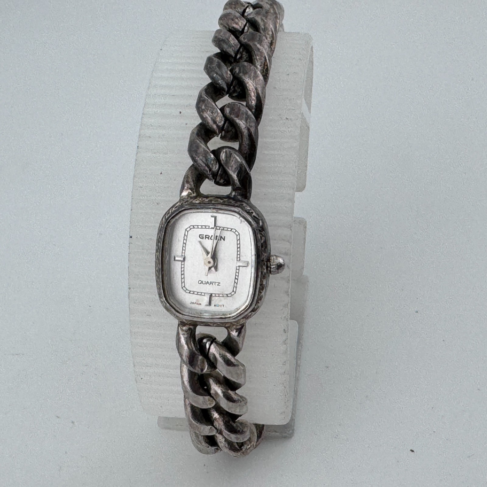VTG Gruen Japan Quartz Watch Women Silver Thick Chain Analog New Battery 6.5″