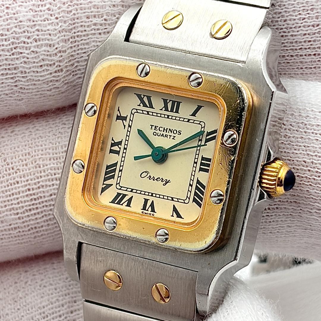 Technos Square Roman Vintage Watch Silver Gold Combo Quartz 3Hand Authentic
