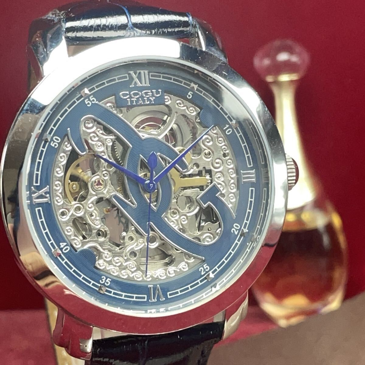 COGU Italy Automatic Skeleton Watch Blue Dial Leather Strap Unused w/Tag Japan