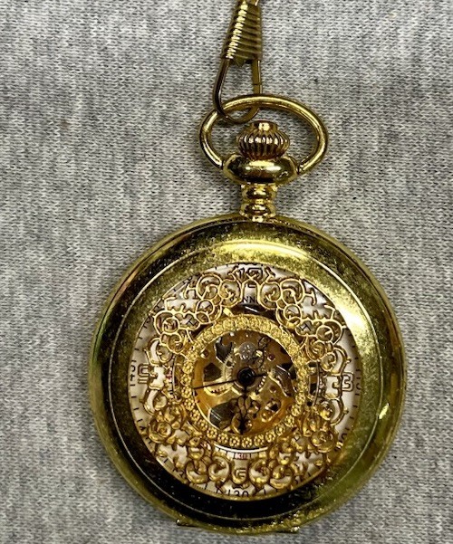 Winner Gold Tone Skeleton Pocket Watch Half Hunter Case Steampunk Mechanical