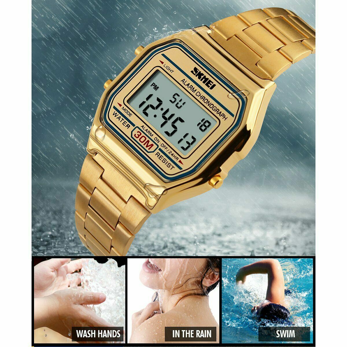 30M WATERPROOF F-91W SPORT ALARM CLASSIC DIGITAL RETRO WATCH GOLD BLUE BLACK
