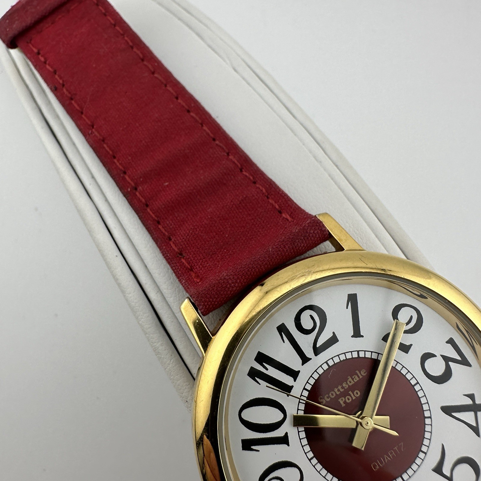 Scottsdale Polo Watch Unisex Stainless Gold Red Canvas Leather – Has New Battery