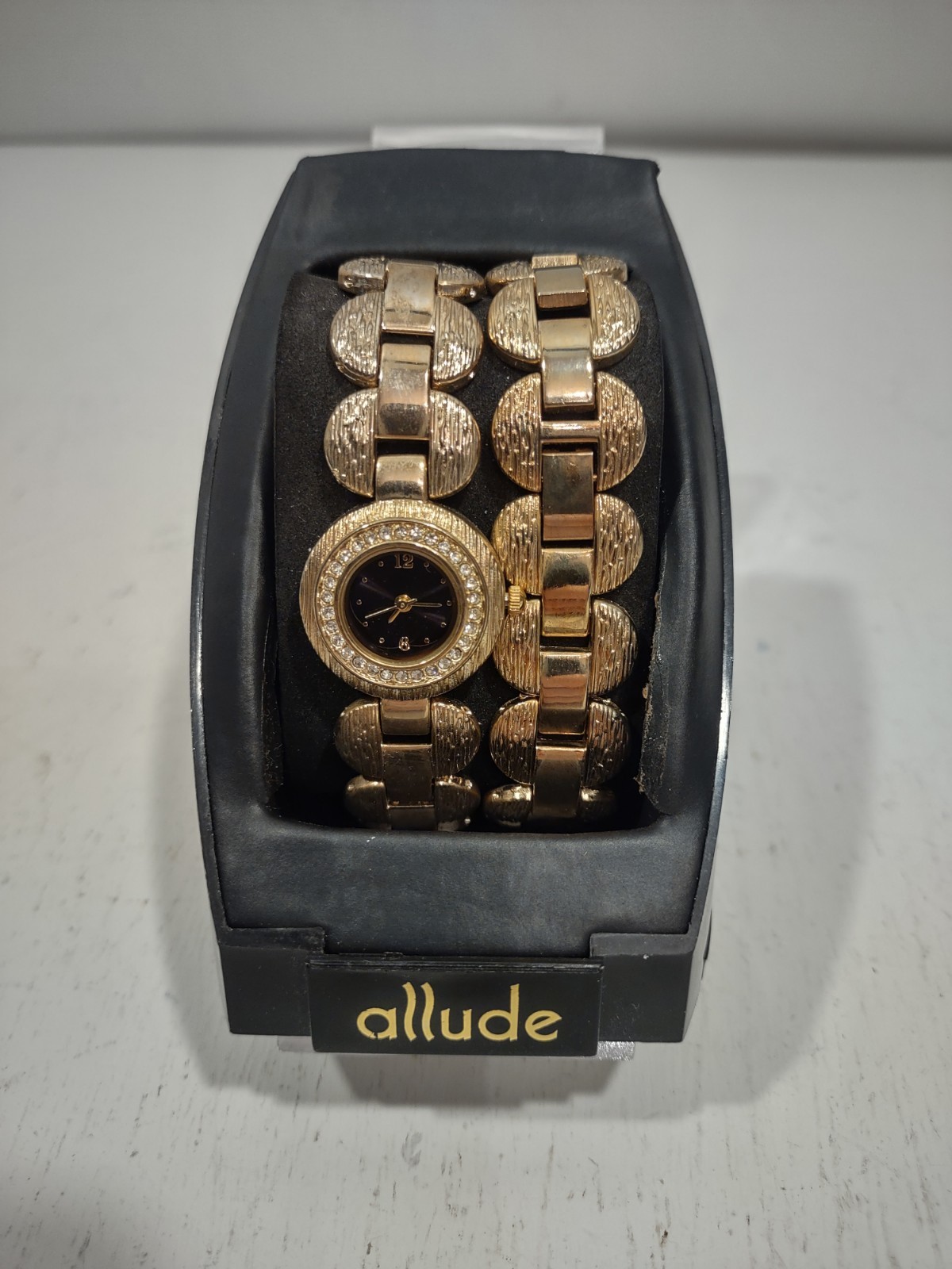 Allude Ladies Watch & Bracelet Set Gold Tone Textured Band w/ Rhinestone Bezel