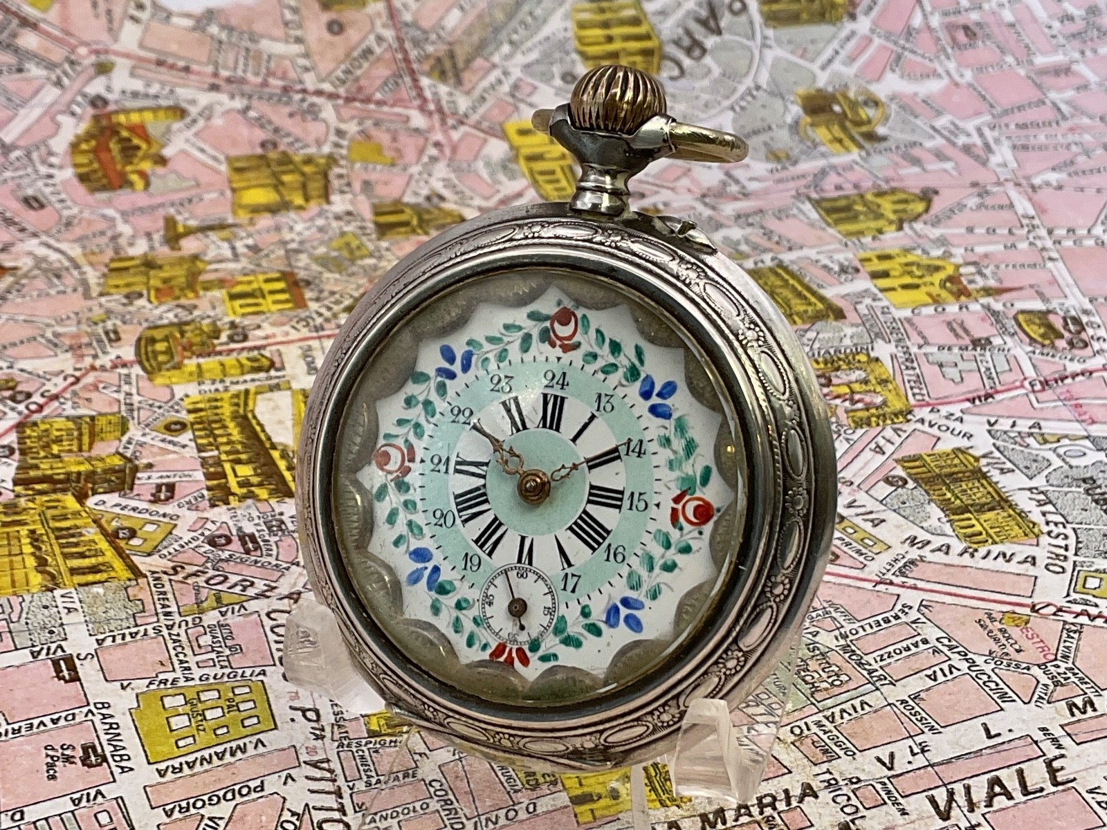 Silver Pocket Watch Cylinder Escapement Decorated Dial 1890 Watch