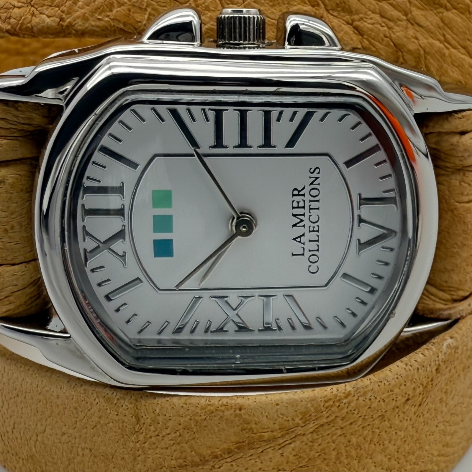 Ladies LA MER Collections Double Wrap Brown/Beige Leather, Silver Tone Watch