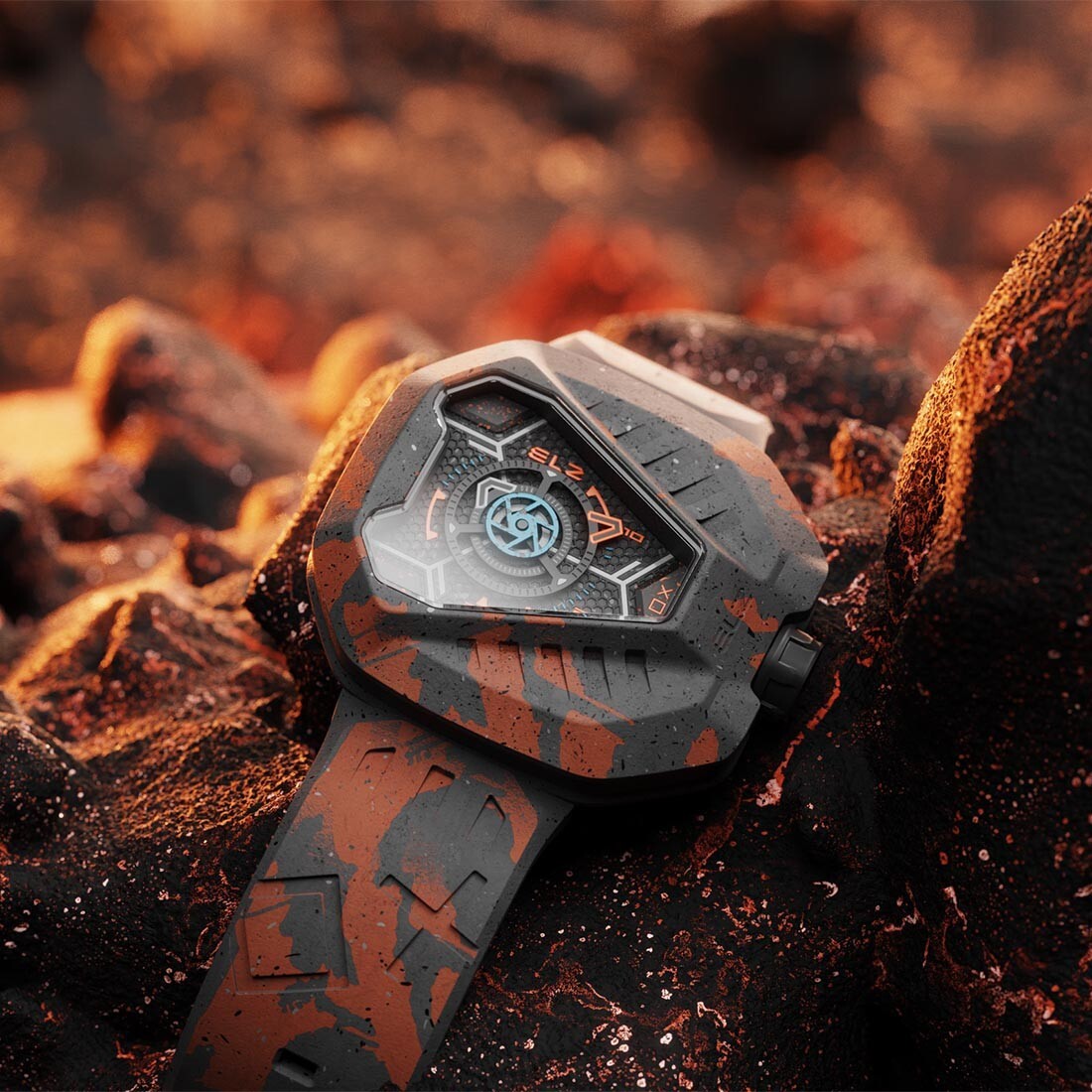The ElectricianZ XO The Lunar Swiss Quartz Rubber Neon Orange PVD Men’s Watch
