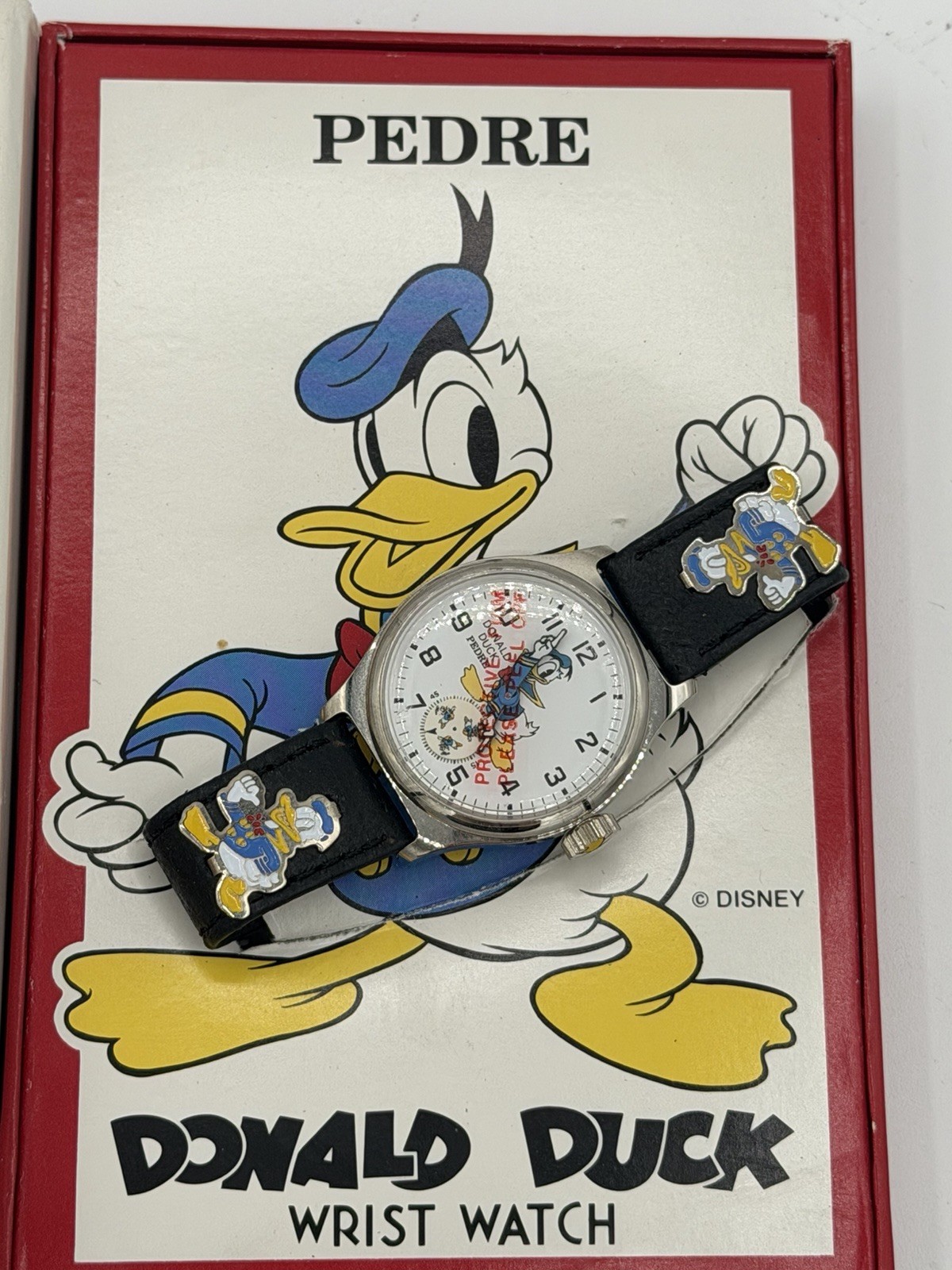 Pedre Disney Donald Duck Quartz Analog Wristwatch Black Leather Strap w/ Box