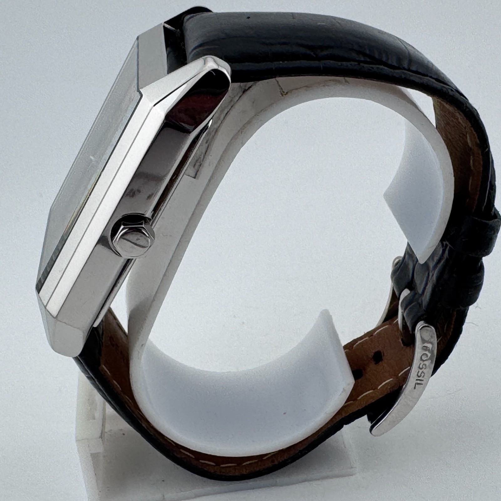 Fossil Quartz Watch FS-4407 Men 50m Silver Steel Leather Rectangle New Battery
