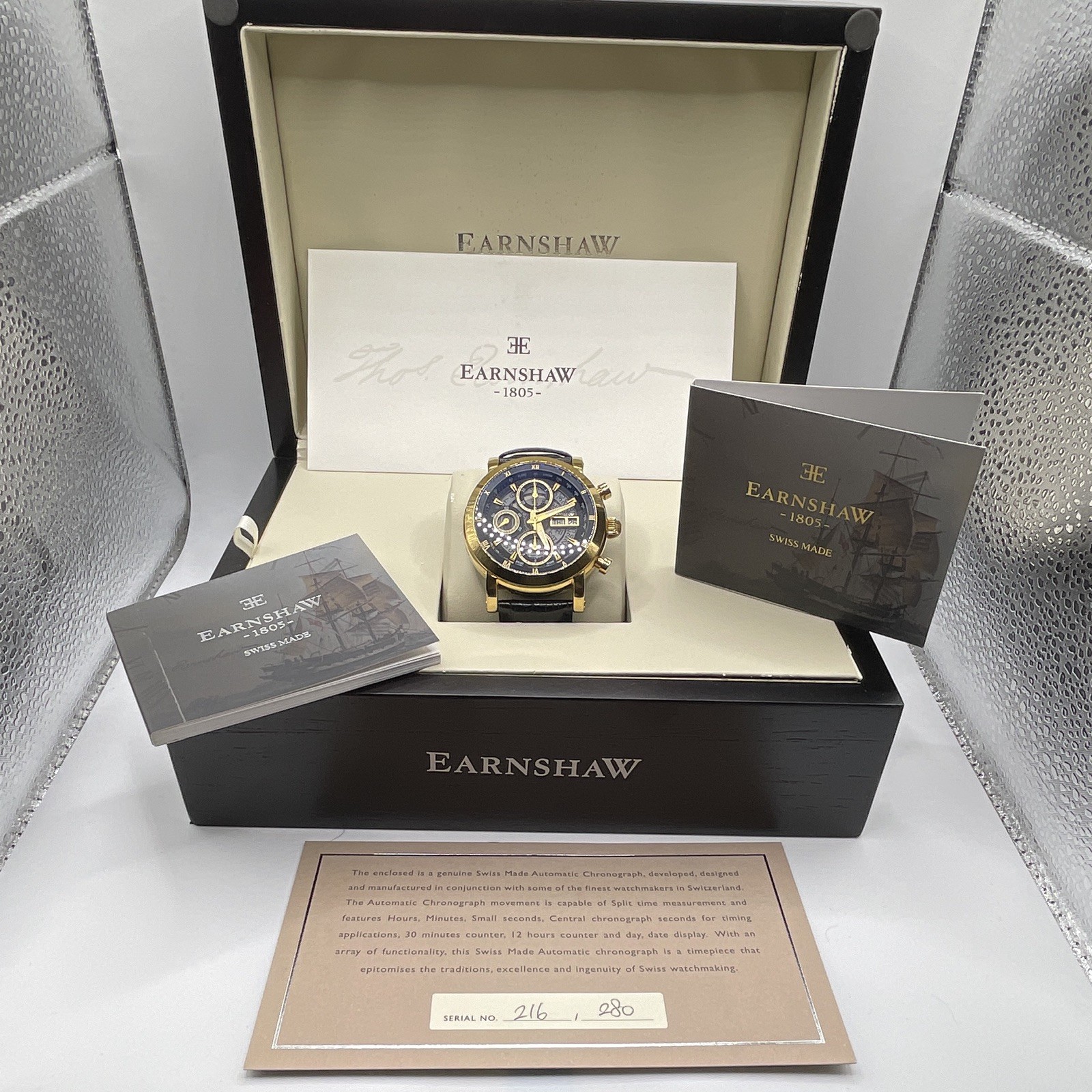 Sellita SW 500 Earnshaw Chronograph Day/Date Black Dial Black Leather Strap
