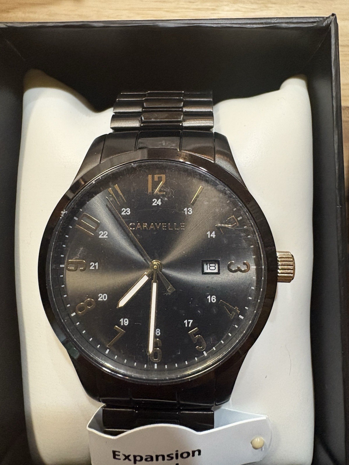 Caravelle Men’s Quartz Black Sunburst Dial Date 42mm Black Metal Bracelet w/ Box