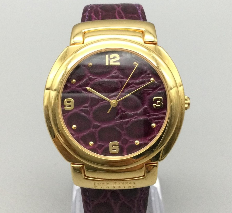 Joan Rivers Watch Womens 38mm Gold Tone Purple Croc Dial Leather New Battery