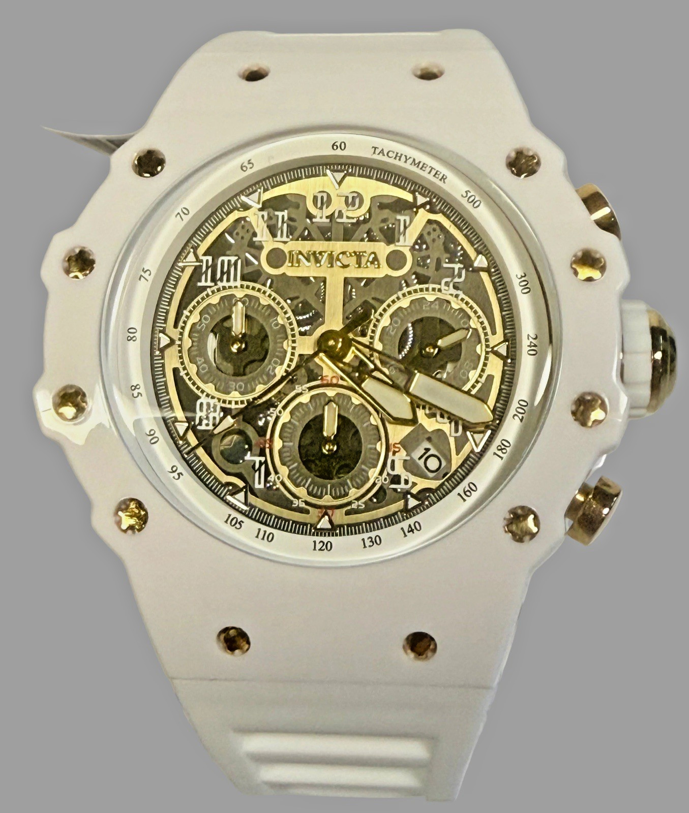 Invicta Men’s Racing 43.5mm Quartz Watch IN-69649 Gold Dial White Silicone Strap