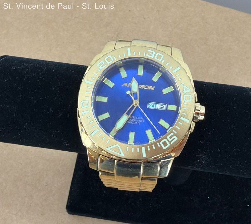 Aragon Men’s Dive Watch 200M 660ft NH36A Blue Dial Gold Tone 24 Jewels Works!