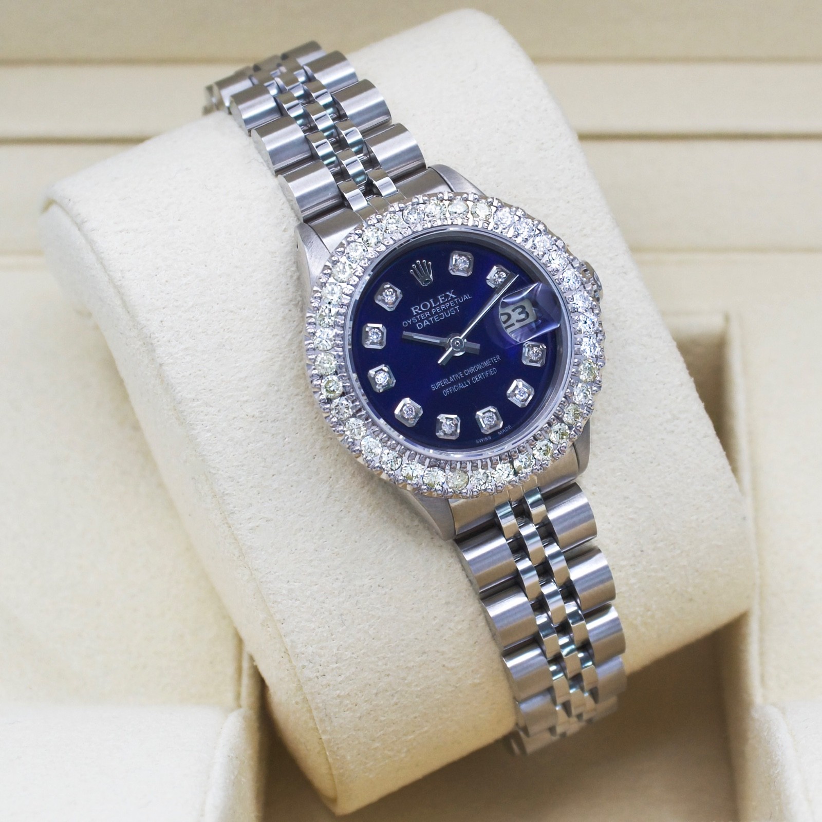 Rolex Datejust 26mm Auto Custom 2ct Diamond Bezel/Markers Blue Dial Jubilee Band
