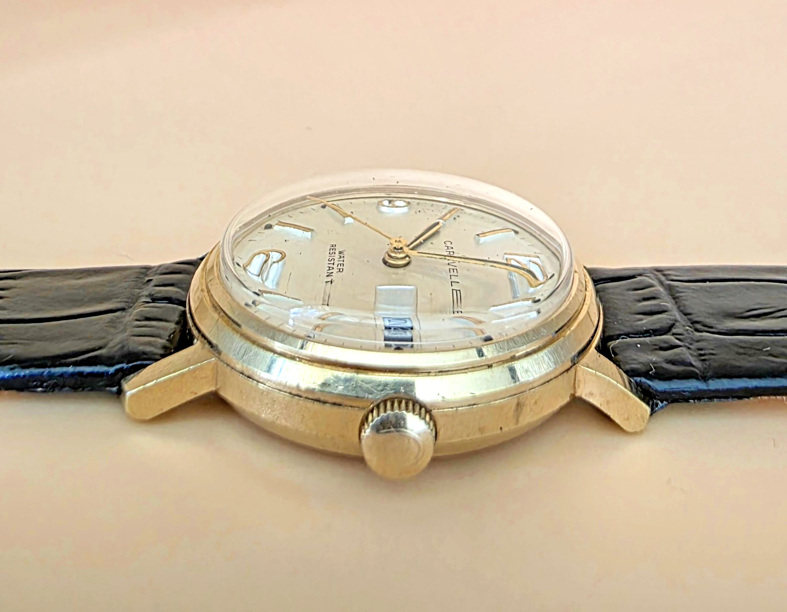 VTG Art Deco BULOVA CARAVELLE Mechanical 33mm Date-Day G/Field Mens Watch Rare