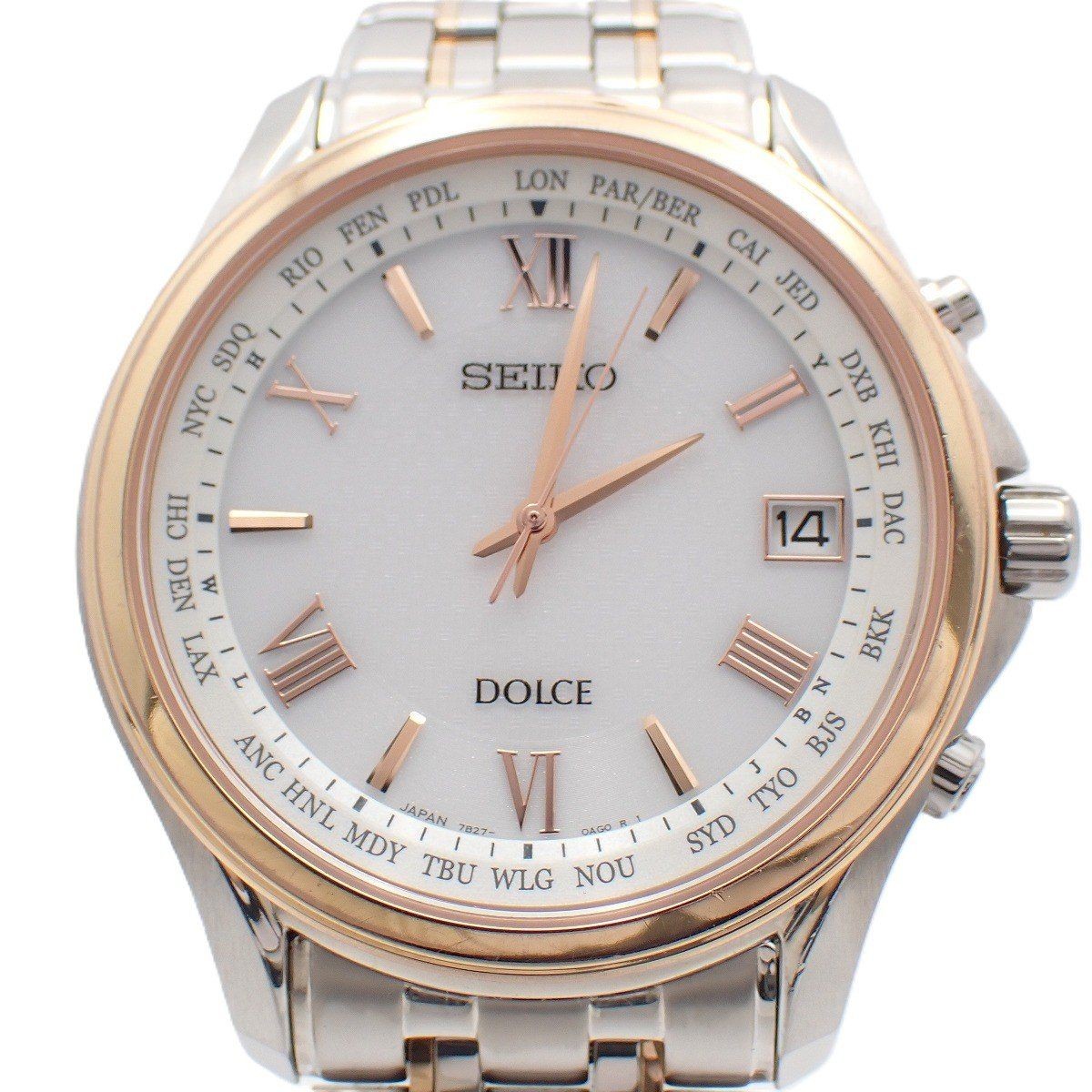 SEIKO Dolce SADZ202 7B27 World Time Solar Radio Titanium Pink Gold White Dial