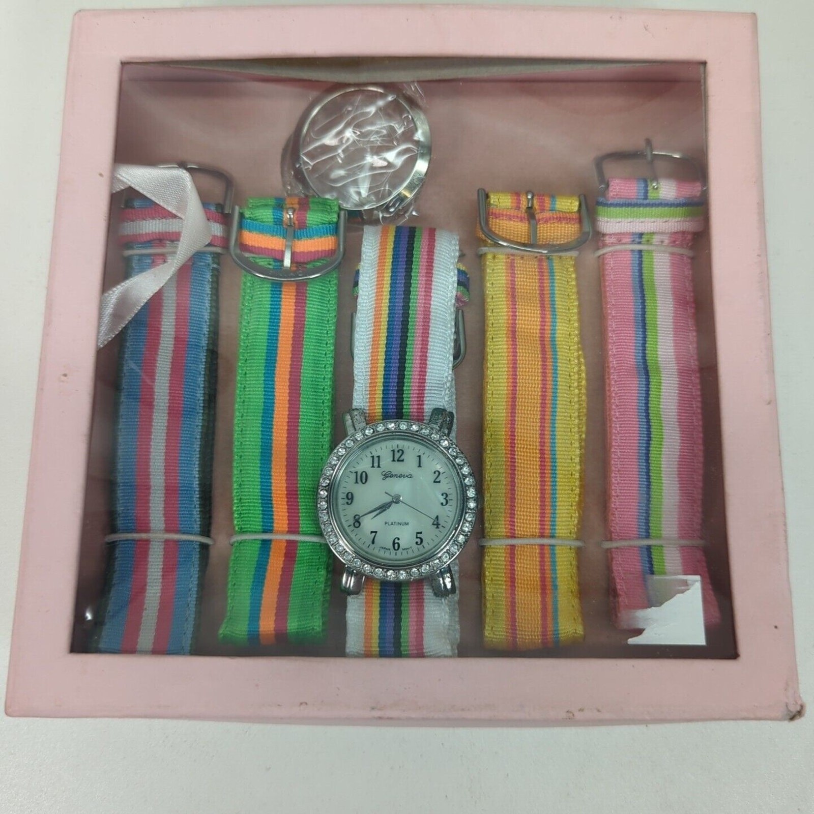 Women’s Silver Finish Assorted 6 Pieces Ribbon Striped Band Watch Set Read