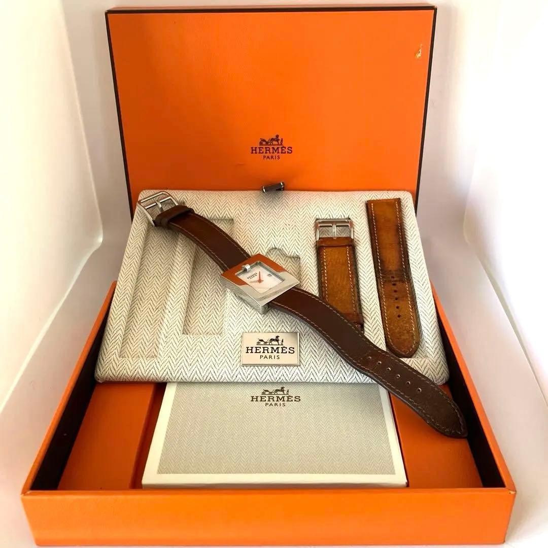 Hermes BE1.210 SS Quartz Watch Brown Leather Strap Extra Band Box Papers