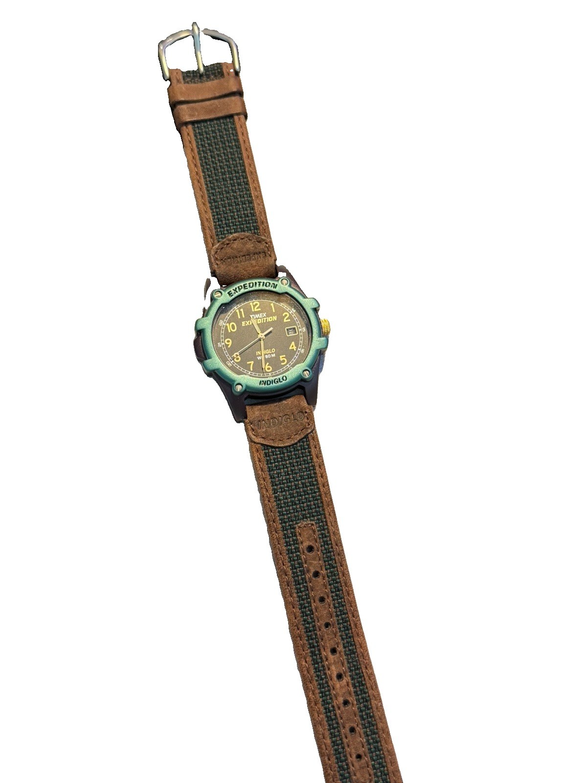 Timex T40771 Expedition Indiglo Date 50m Black Dial Brown/Green Strap