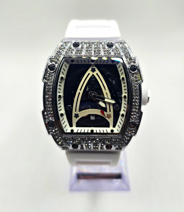 Skeleton Black Dial Diamond Accent Tonneau Quartz Analog Bangle Watch 45mm