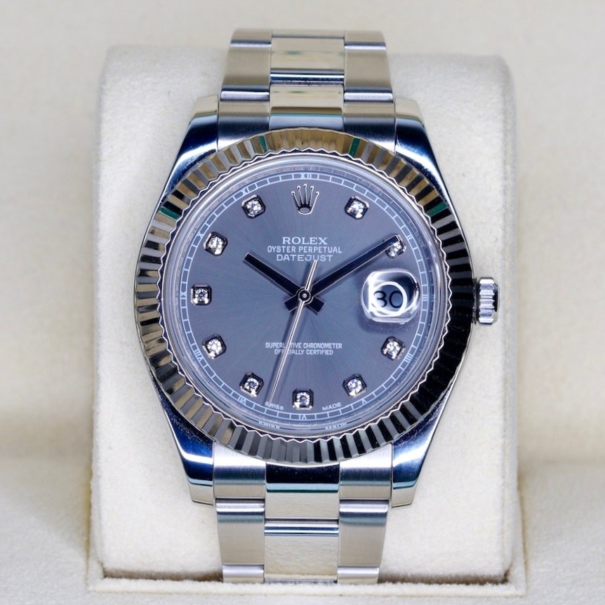Rolex Datejust II Rhodium Diamond Dial Fluted 18K White Gold Bezel 41mm 116334