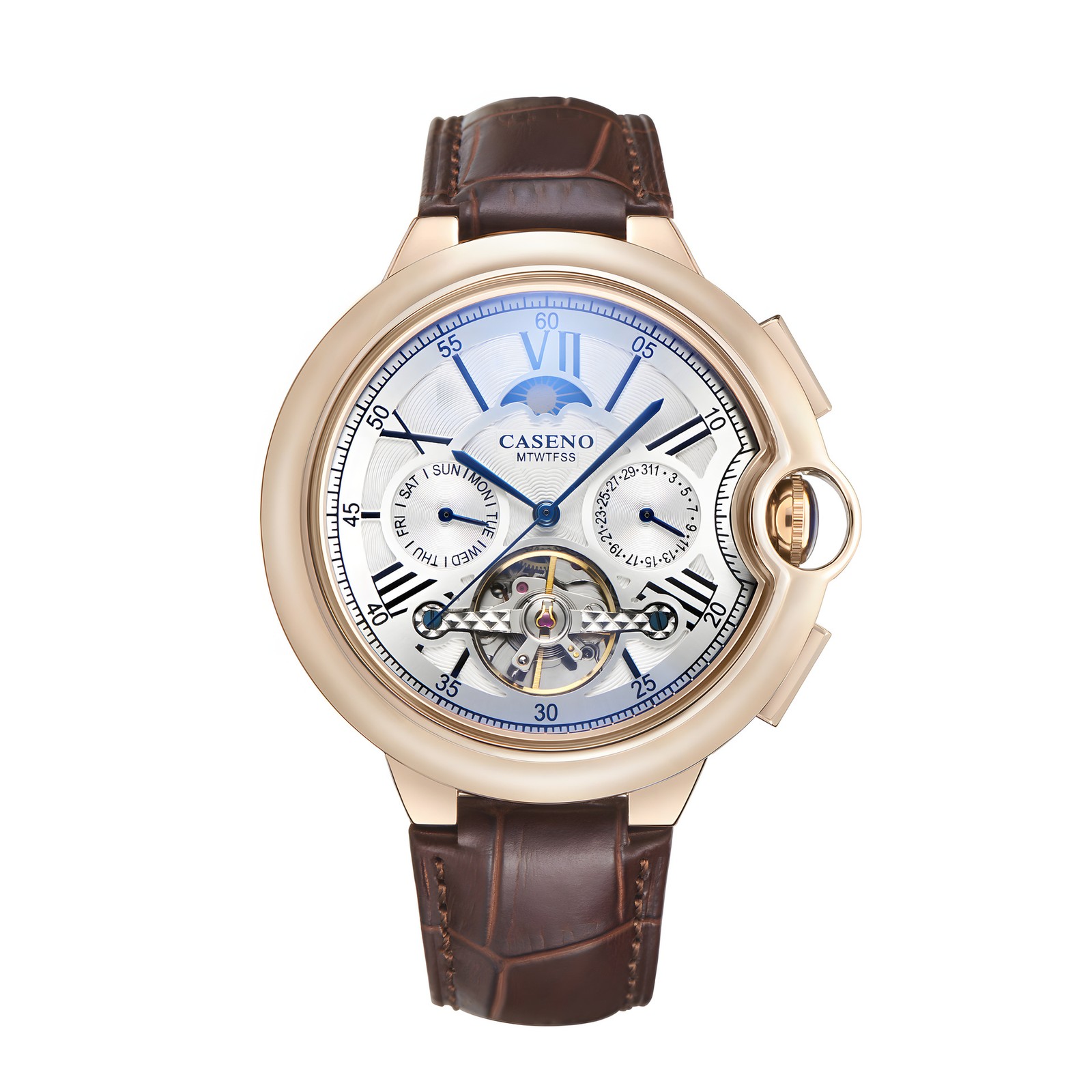 CASENO Mens Classic Watch Tourbillon Skeleton Automatic Mechanical Leather Band