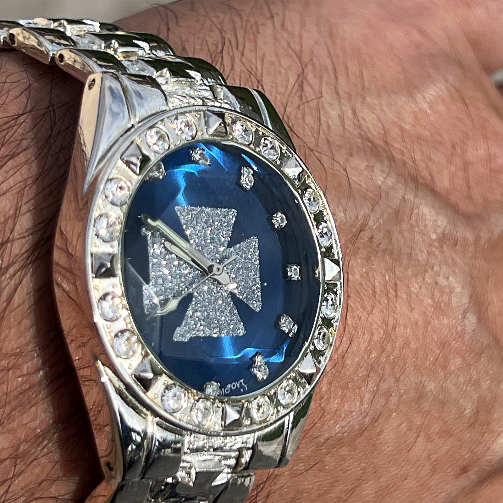 Mens Knights Templar Iron Celtic Maltese Cross Blue Watch CZ Silver Tone 8″