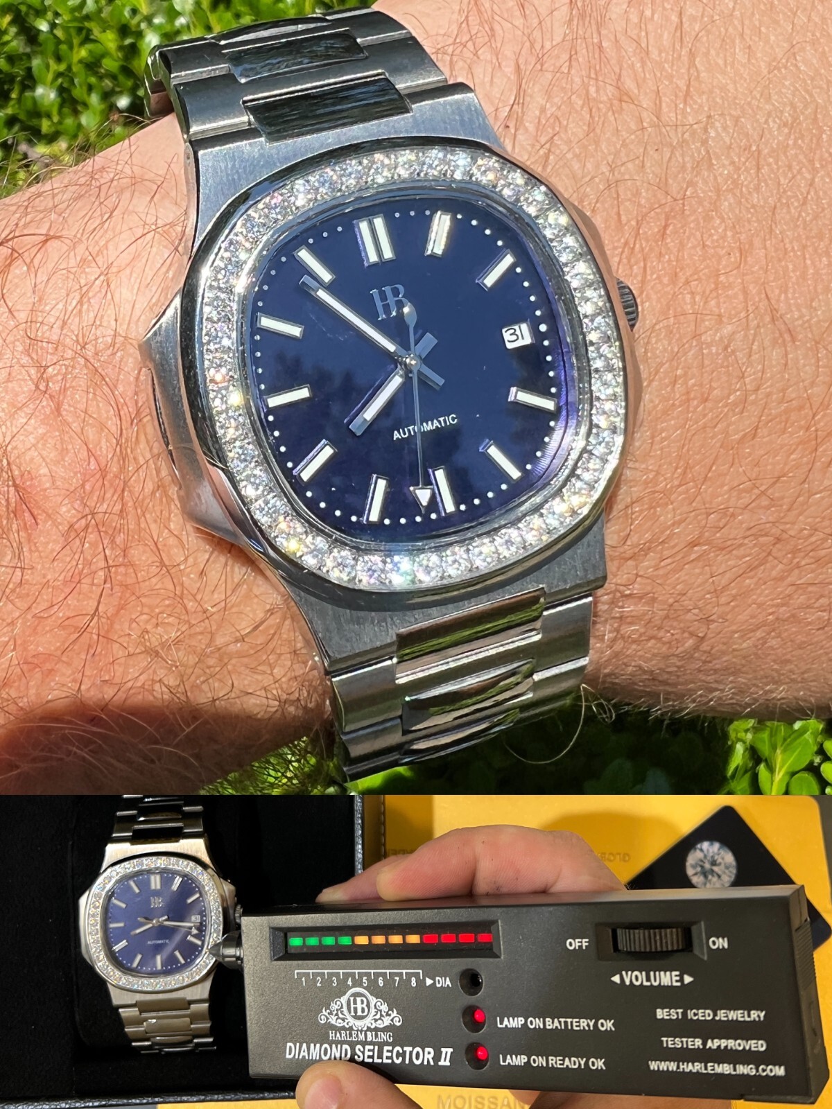 Mens Real Stainless Steel Iced 2ct Moissanite Watch Pass Diamond Test Blue Face