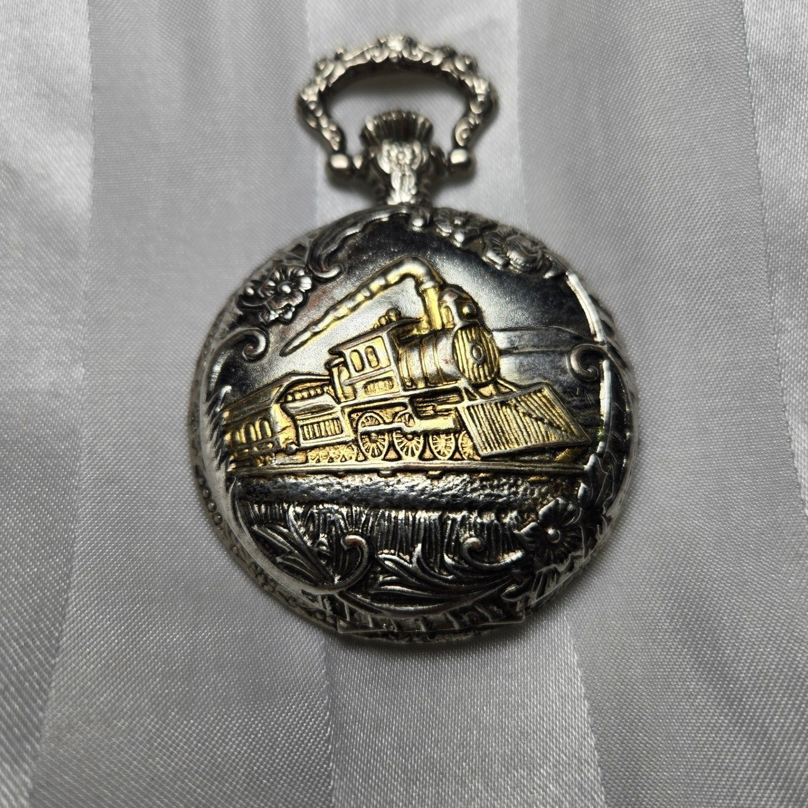 Vintage 2 Tone Steam Locomotive Pocket Watch Silver Gold Train Quartz Not TESTED