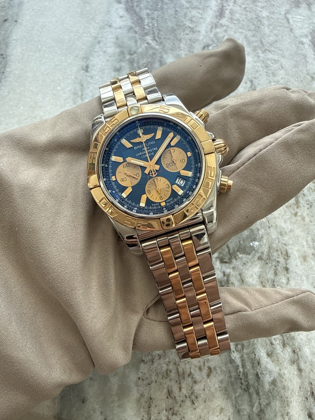 Breitling Chronomat 44 Blue Dial Chronograph CB0110 18K/Stainless Steel Watch