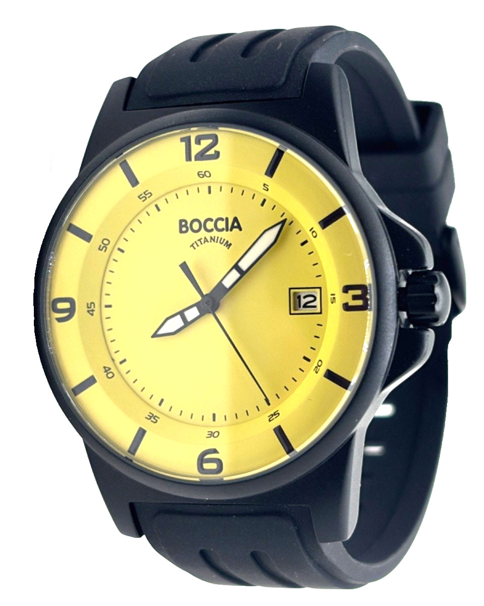 Preowned Boccia Titanium Men’s Quartz Watch, Black Band, Yellow Dial