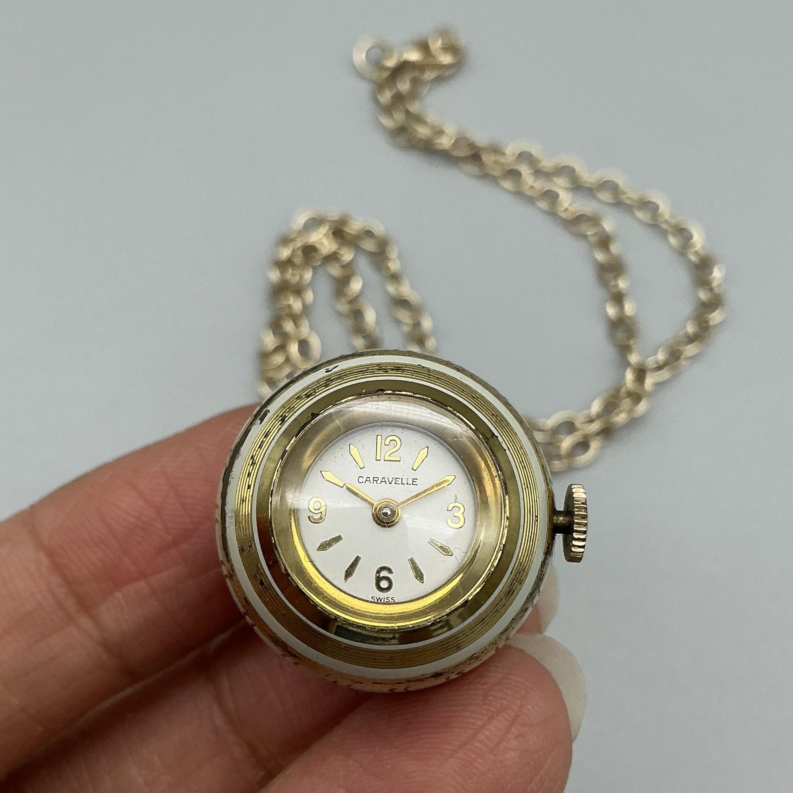 Vintage Caravelle Pendant Ball Orb Watch Womens 29mm Enamel Manual Wind Swiss