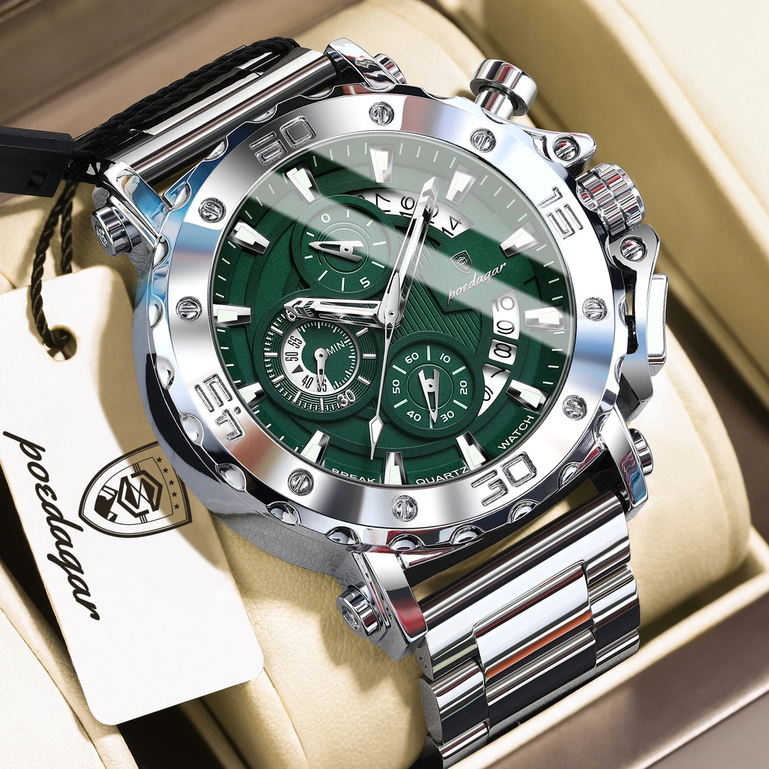 POEDAGAR Men Calendar Luminous Waterproof Stainless Steel Fashion Quartz Watch