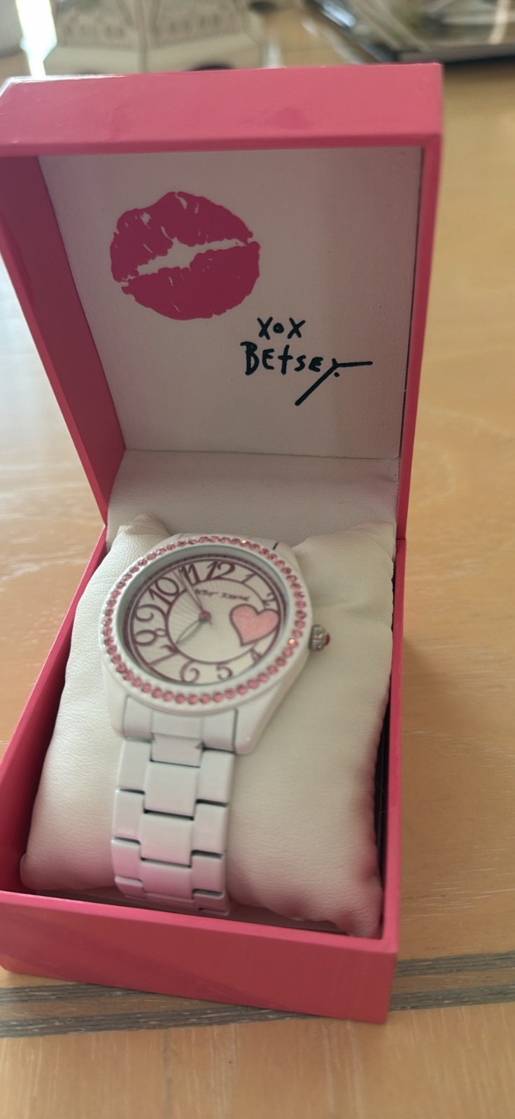Betsey Johnson White Watch Pink Heart Rhinestones in box with papers