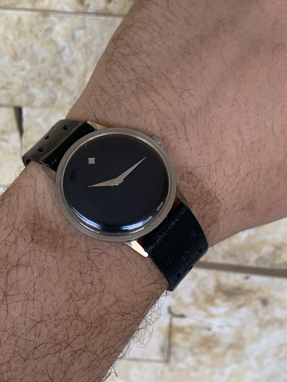 Vintage Nivada Watch Black Dial Minimalist Museum Style 1970s Swiss Manual 35mm