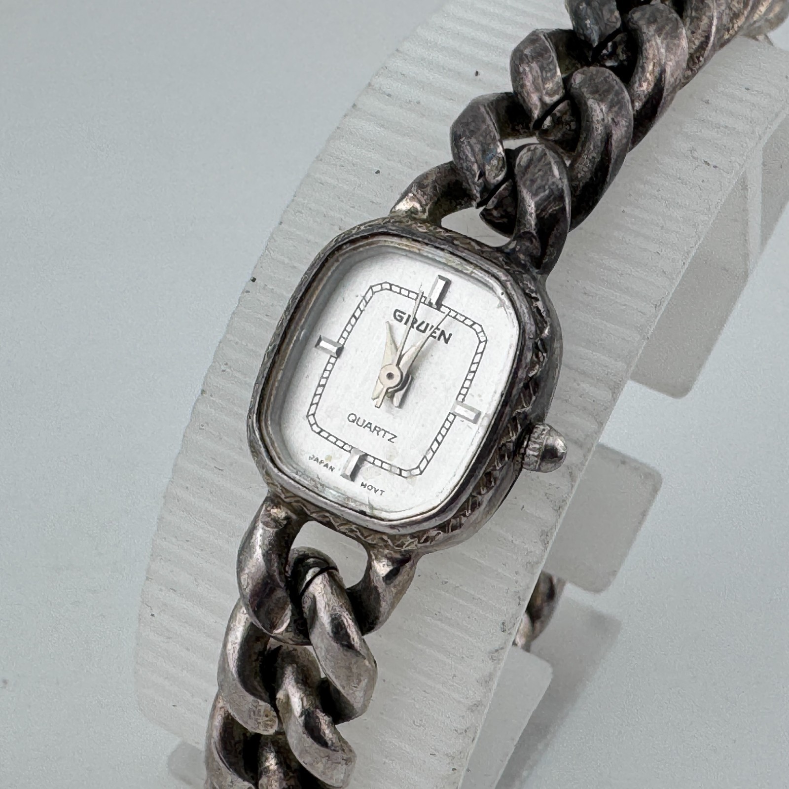 VTG Gruen Japan Quartz Watch Women Silver Thick Chain Analog New Battery 6.5″