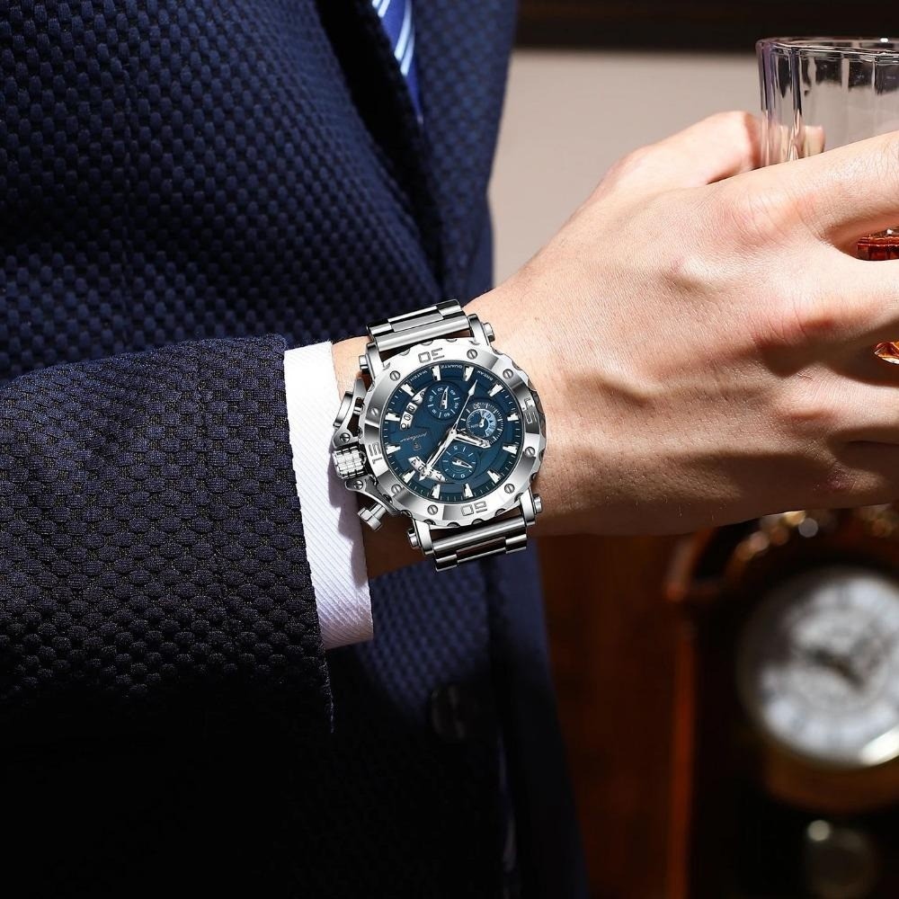 POEDAGAR Men Calendar Luminous Waterproof Stainless Steel Fashion Quartz Watch